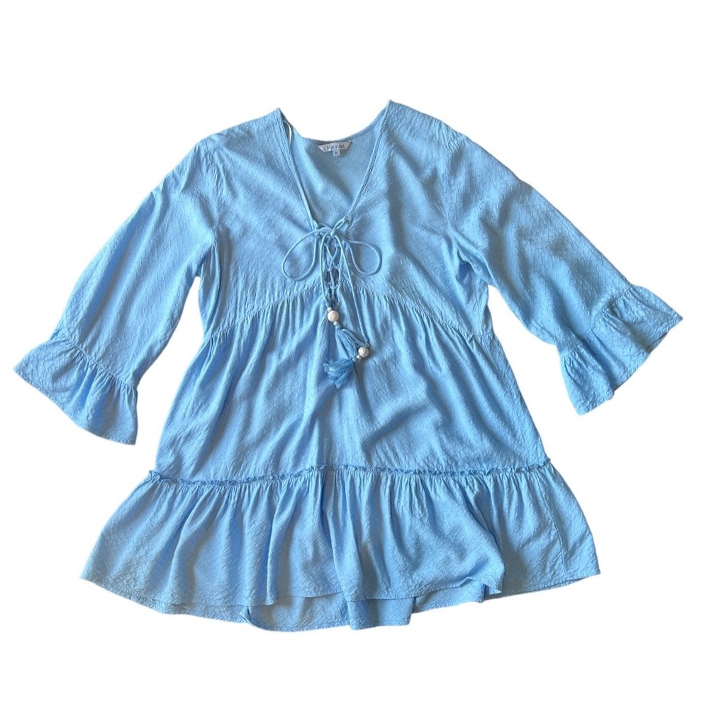BLUE ISLAND Tiered Sun Dress Boho Beach Dress. Blue Lace Up V-Neck. Size Medium